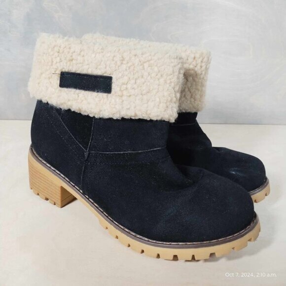 Super Chunky heel black and sherpa bootie comfortable suede 40 - Picture 4 of 12